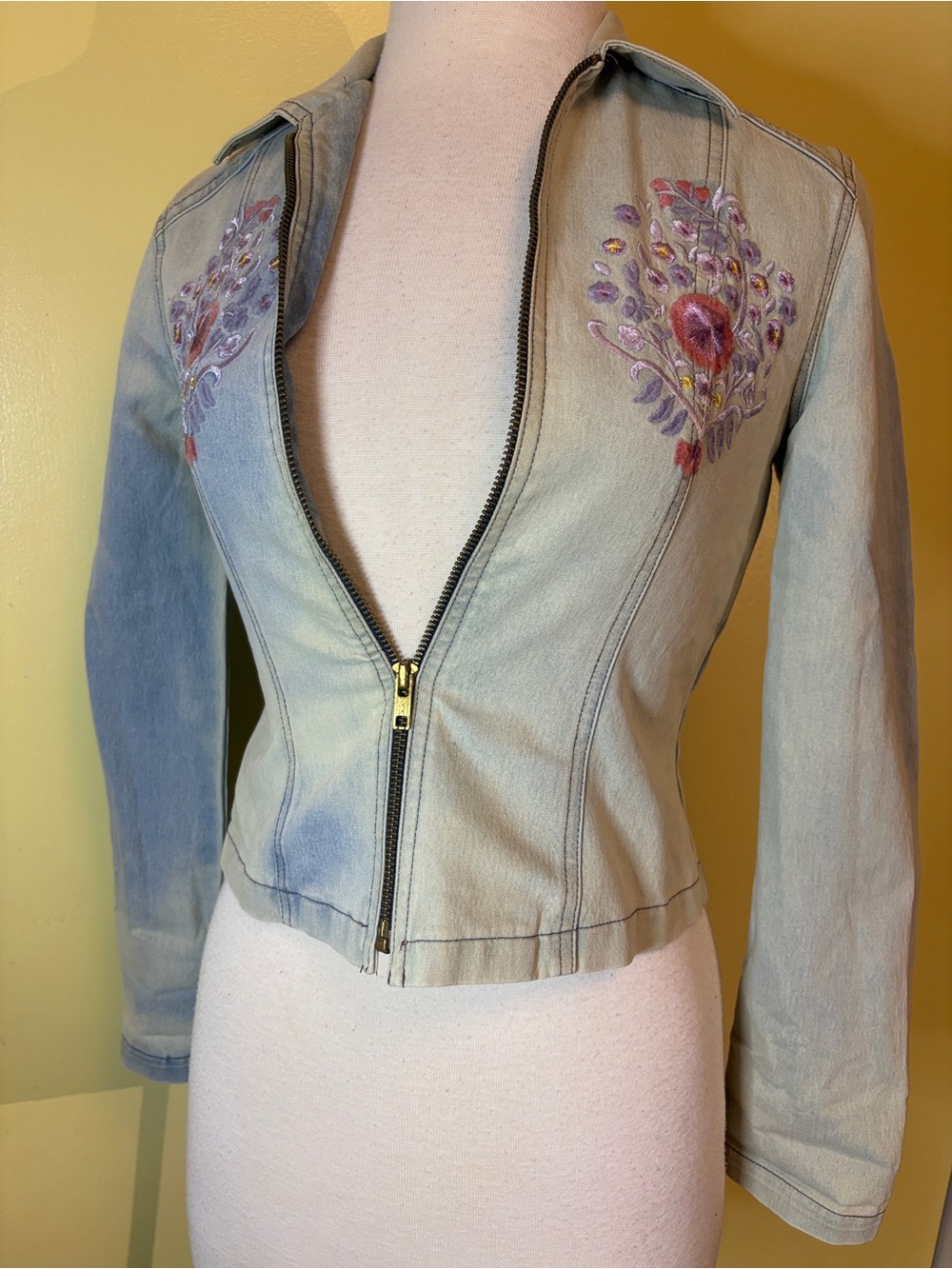 Women's Light Blue Embroidered Denim Zip Jacket